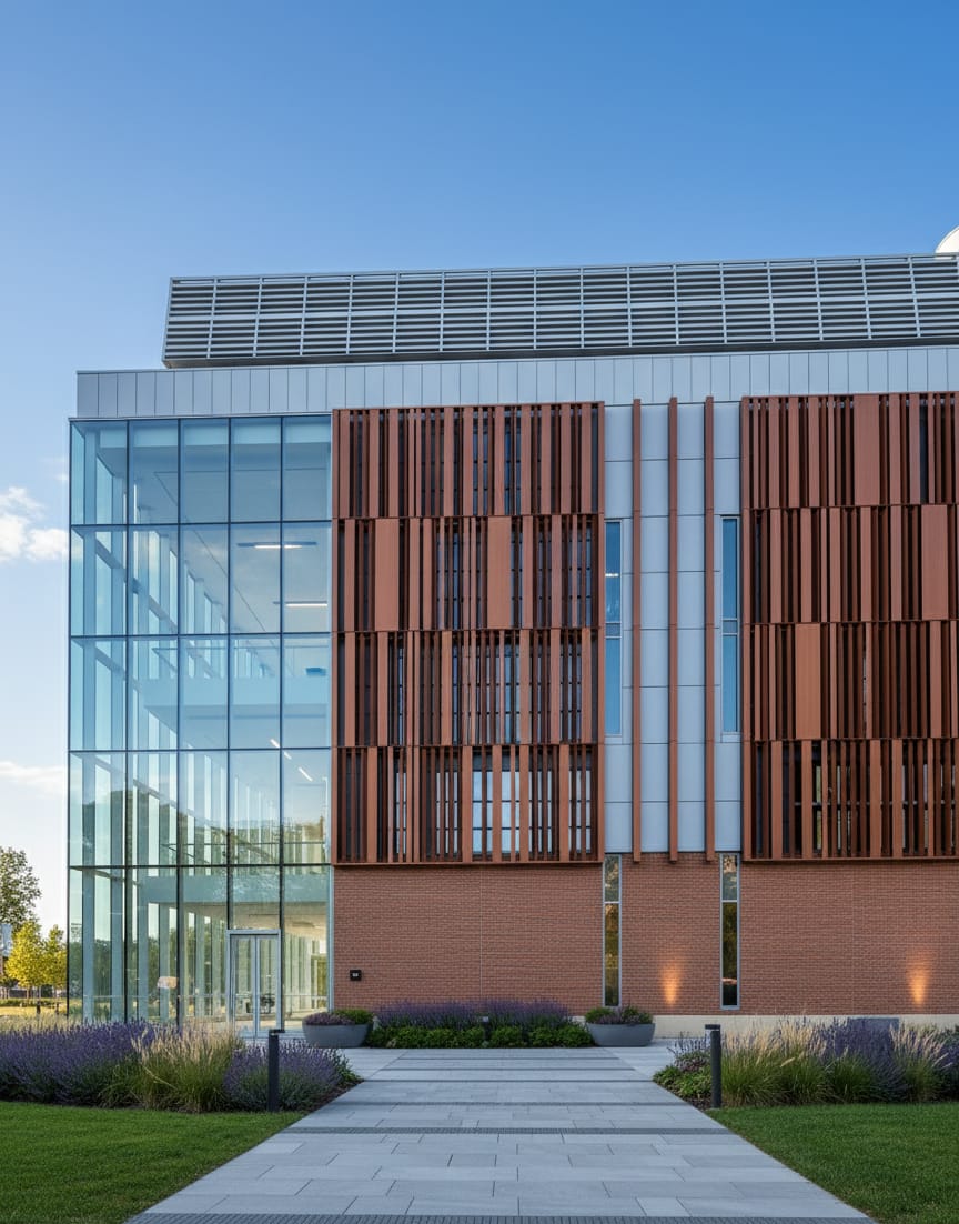 Glass curtain wall corner of the OSU Smart Campus building beside terracotta fins