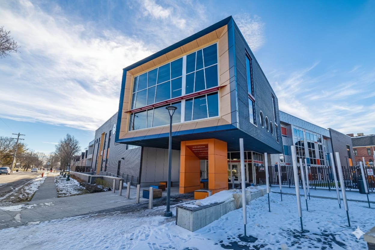 Cantilevered glass box with orange-framed windows over the Westside Early Learning Center entrance